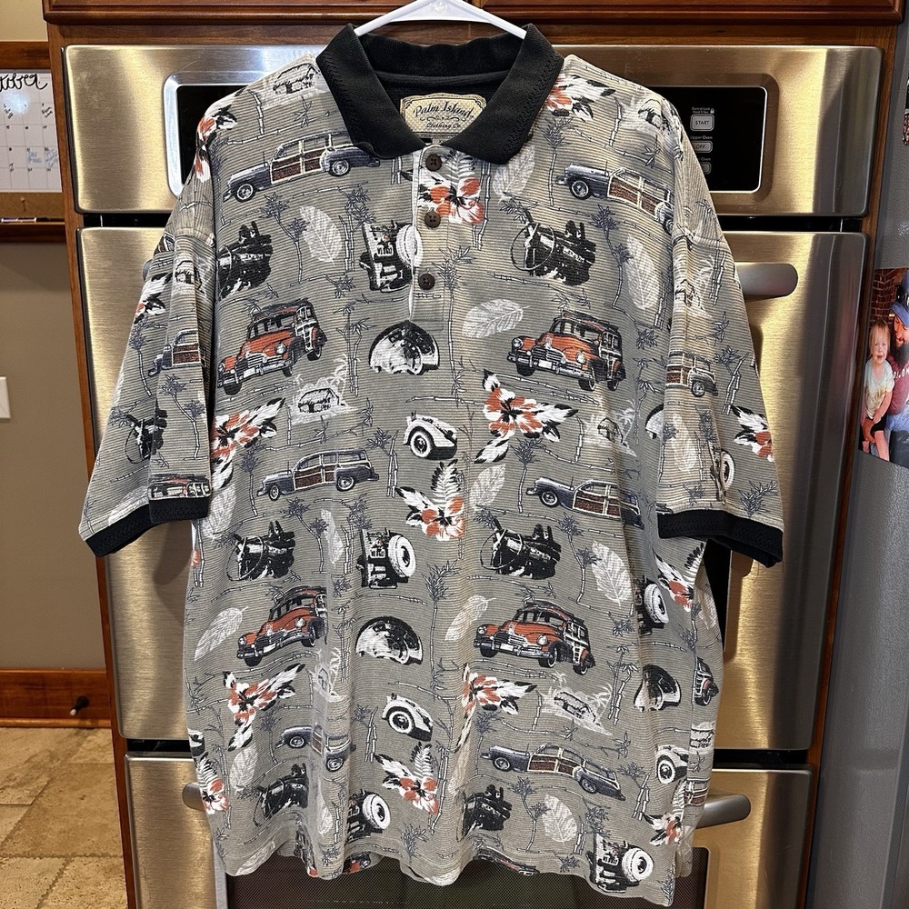 Palm Island Clothing Co. Men's Polo Shirt Size XXL Gray Classic Cars Rugby